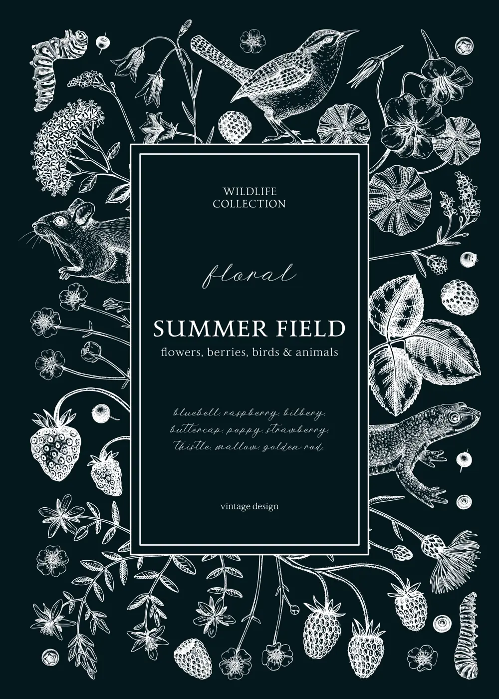 Retro style floral wreath design. Vintage summer background. Wildlife sketches on chalkboard. Wildflowers botanical illustration. Hand-drawn field flowers, birds, and animals for wedding invitation Illustration